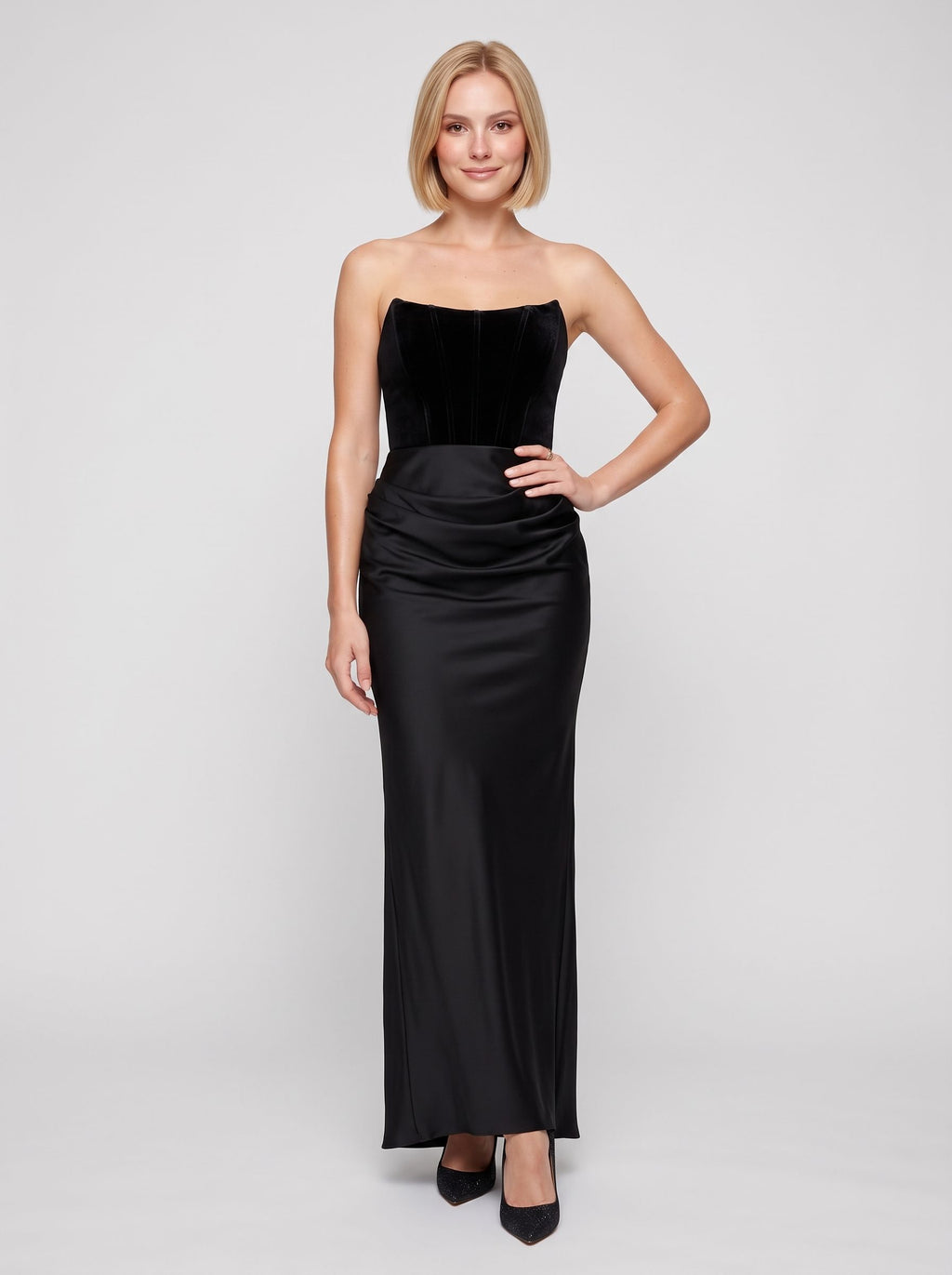 Black Velvet & Satin Sheath Straight Neck Back Zip Floor-Length Dress