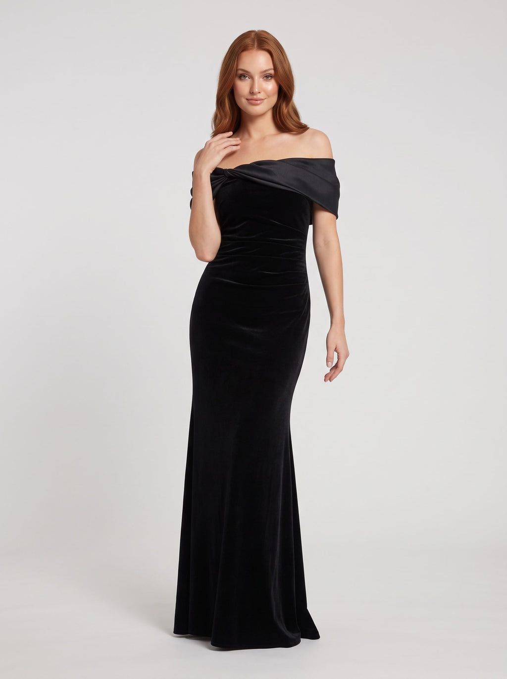 Black Velvet & Taffeta Mermaid Off-the-Shoulder Back Zip Floor-Length Dress