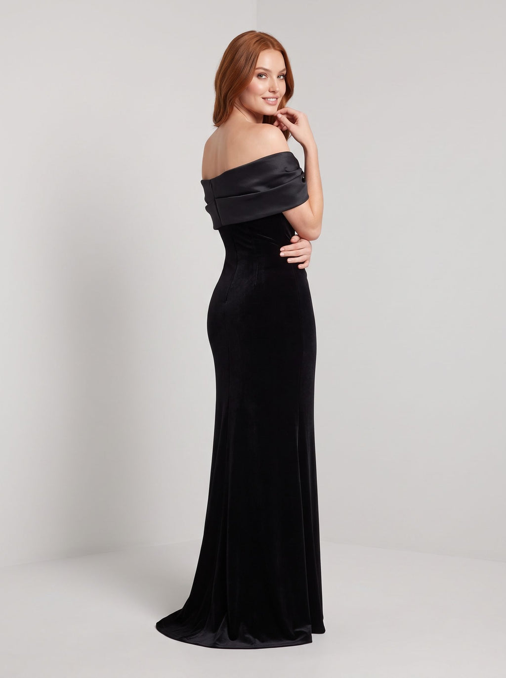 Black Velvet & Taffeta Mermaid Off-the-Shoulder Back Zip Floor-Length Dress