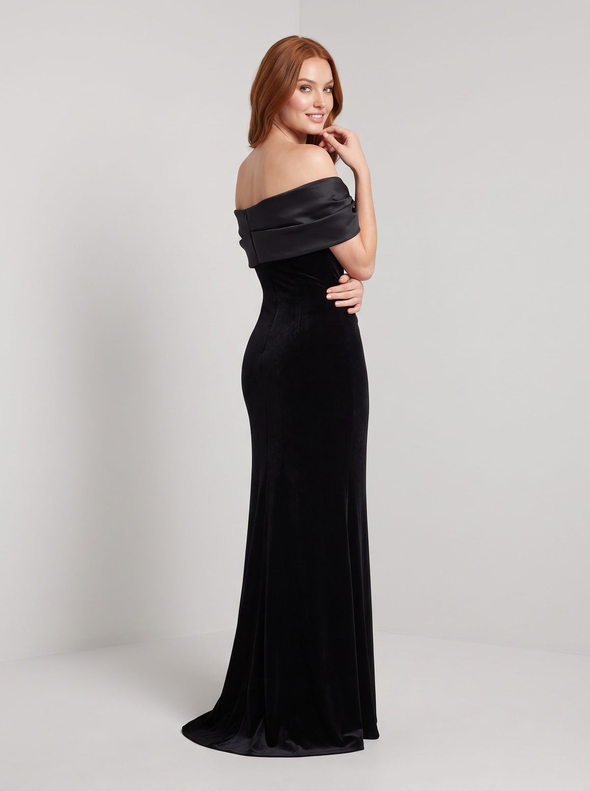 Black Velvet & Taffeta Mermaid Off-the-Shoulder Back Zip Floor-Length Dress