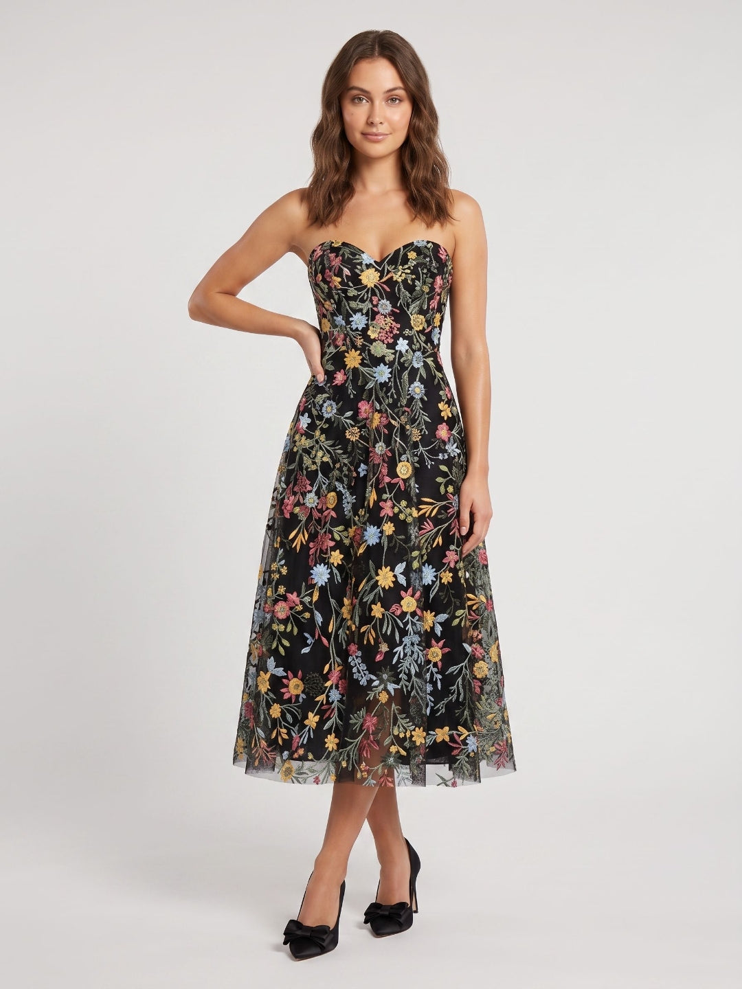 Mauve Floral Tulle A-Line Sweetheart Zipper Back Midi Dress