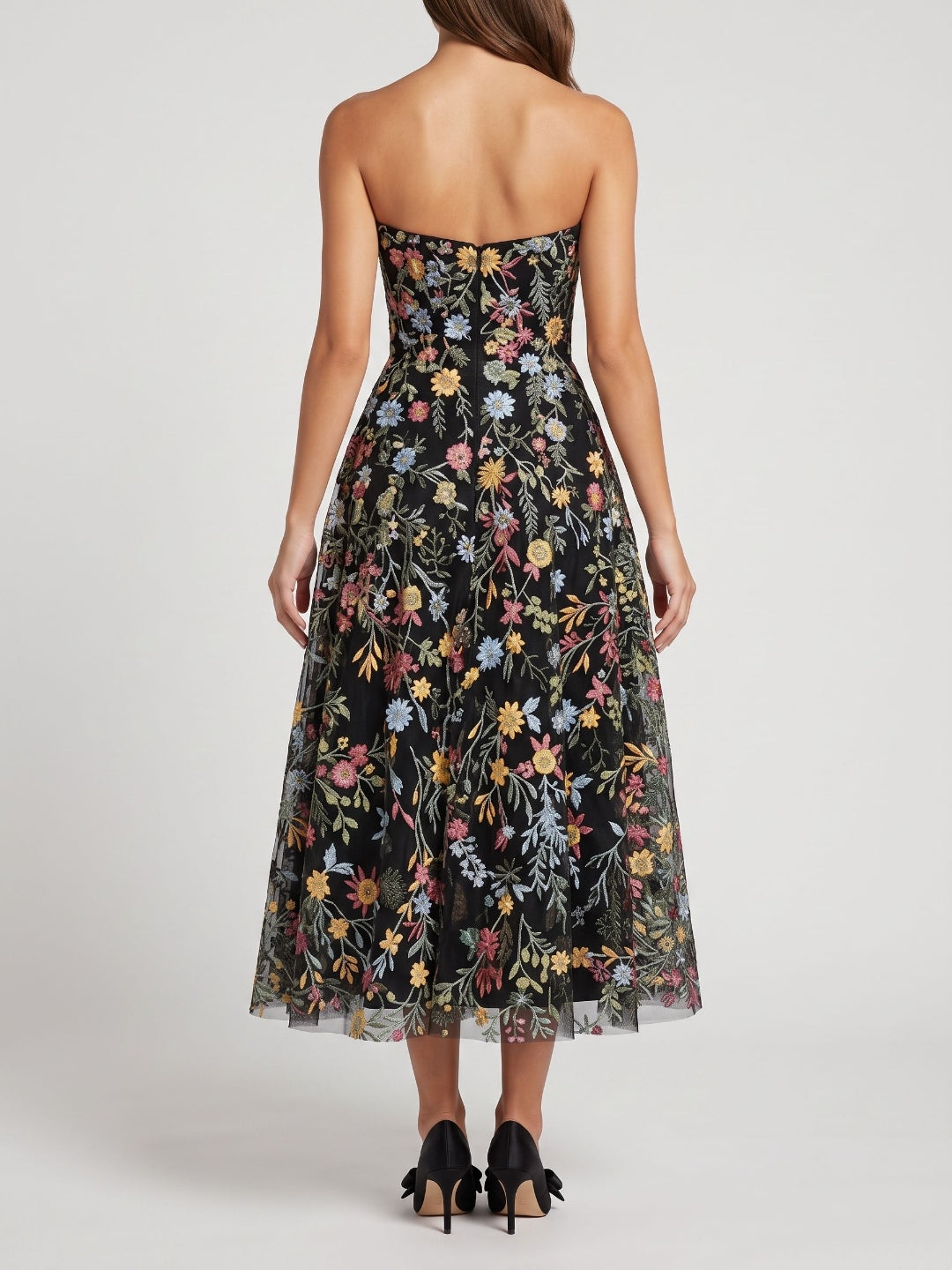 Mauve Floral Tulle A-Line Sweetheart Zipper Back Midi Dress
