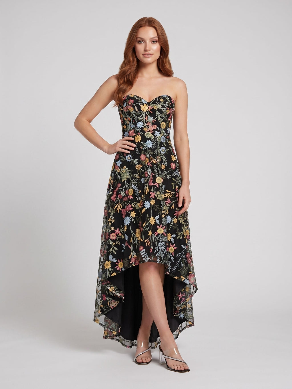 Mauve Embroidered Mesh A-Line Sweetheart Zipper Back High-Low Dress