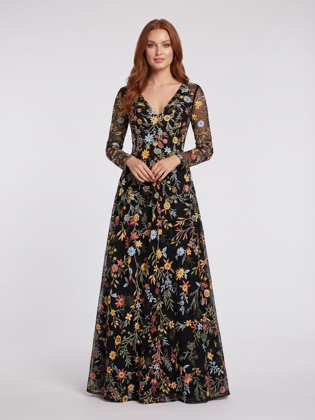 Mauve Mesh with Floral Embroidery A-Line V-Neck Zipper Back Floor Length Dress