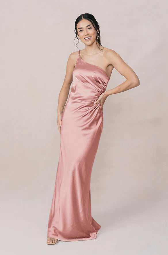 Blush Pink One-shoulder Ruched Satin Bridesmaid Dresses with High Slit