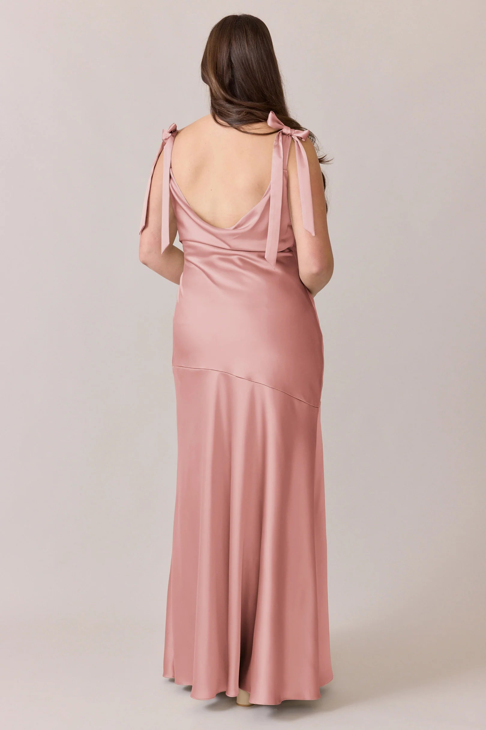 Blush Pink Plus Size Square Neck Tie-shoulder Satin Bridesmaid Dresses with Open Back and High Slit