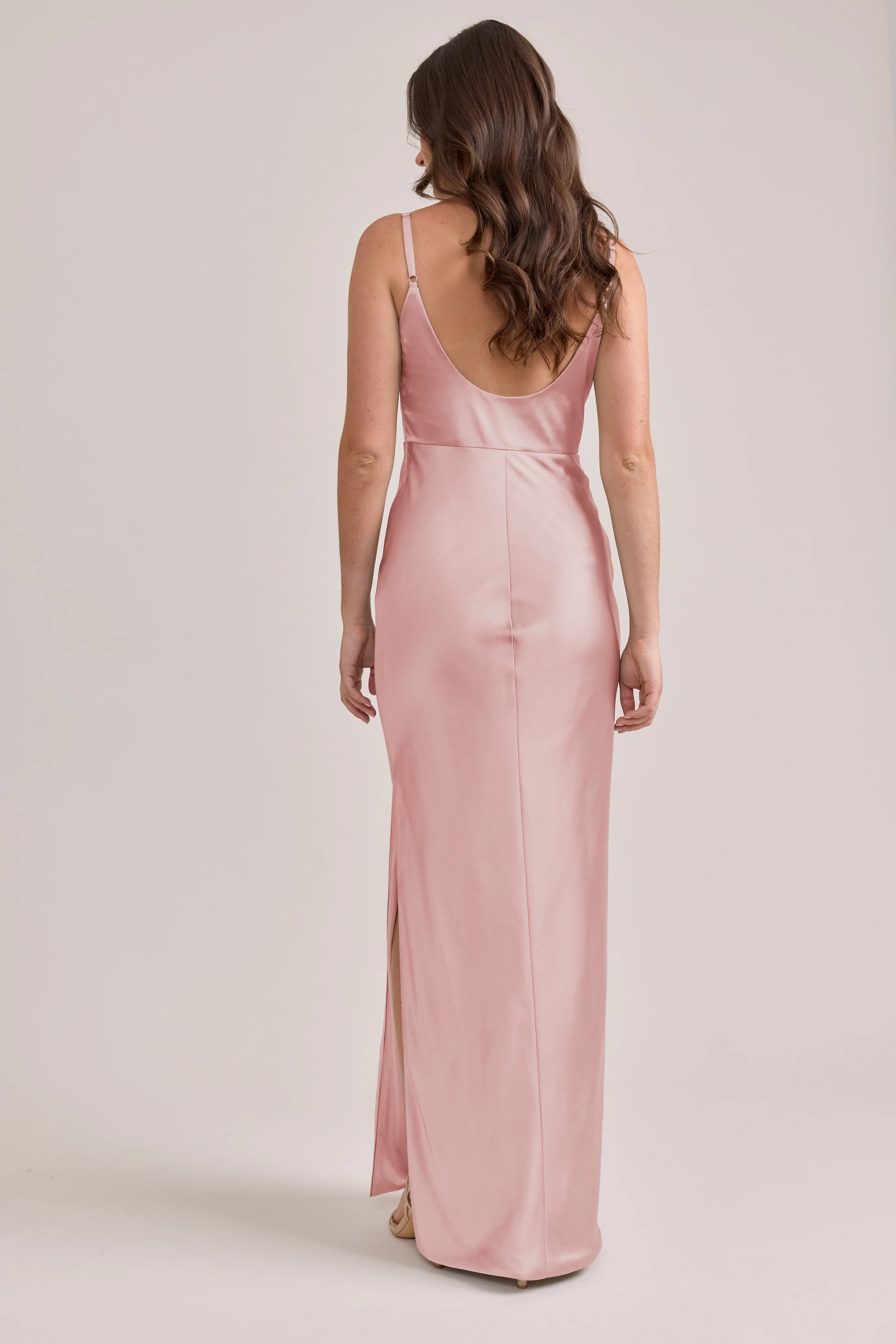 Blush Pink Square Neck Spaghetti Strap Satin Bridesmaid Dresses with Open Back and High Slit