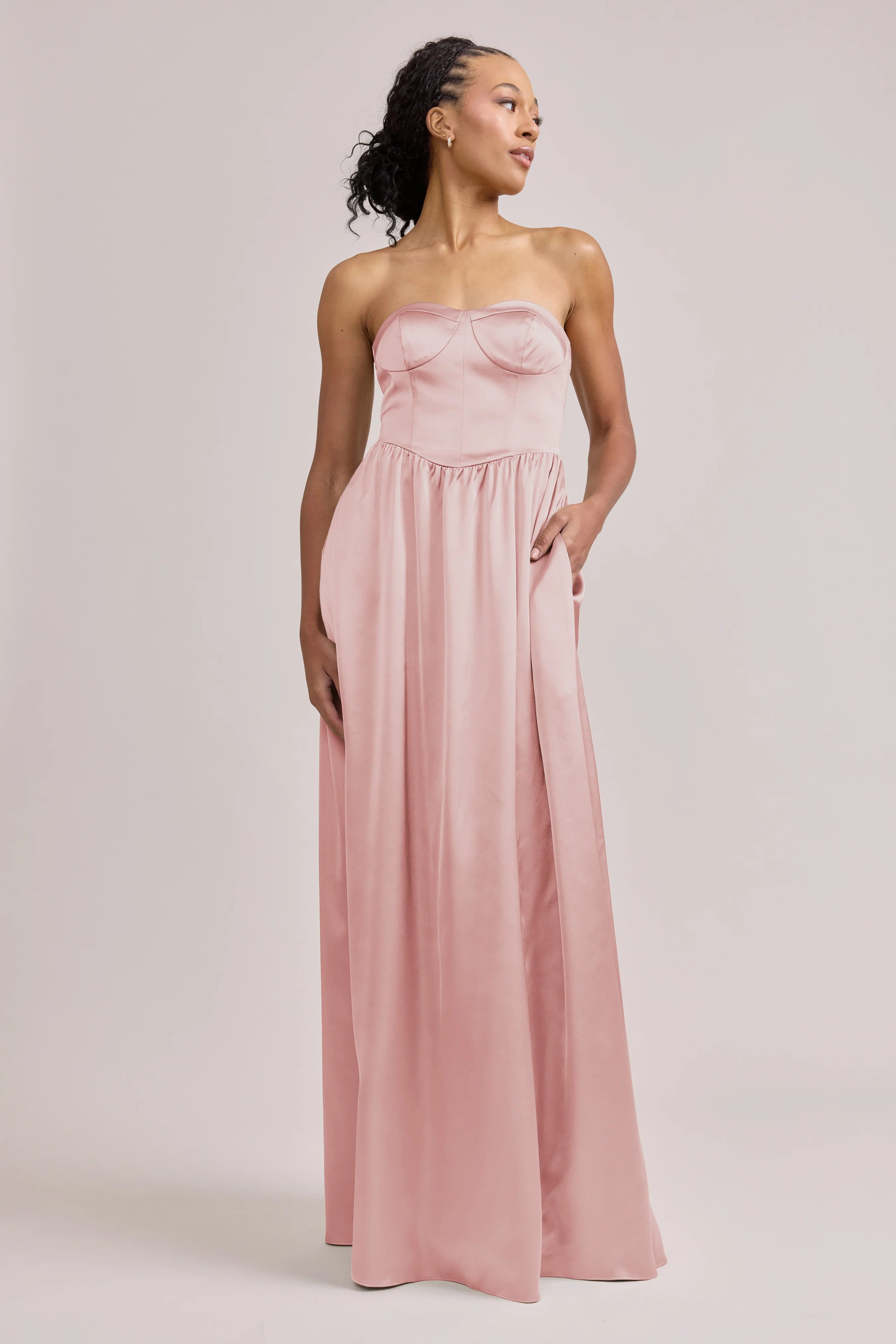 Blush Pink Strapless Sweetheart Neck Satin Bridesmaid Dresses with Lace-up Back and Pockets