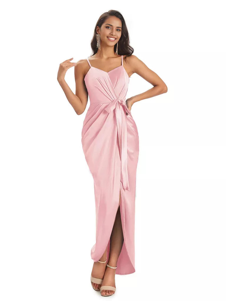 High Low Spaghetti Straps V-neck Mermaid Asymmetrical Soft Satin Bridesmaid Dresses