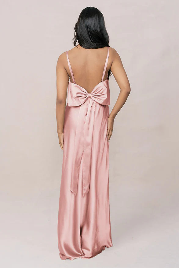 Blush Pink Cowl Neck Spaghetti Strap Satin Bridesmaid Dresses with Back Bow and High Slit