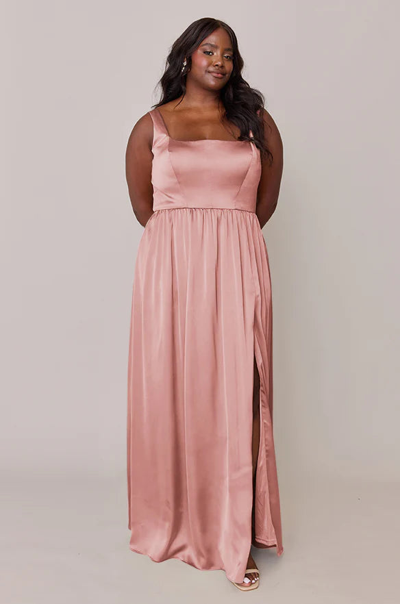 Blush Pink Plus Size Square Neck Satin Bridesmaid Dresses with High Slit
