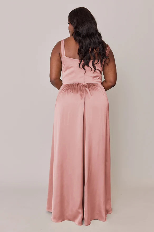 Blush Pink Plus Size Square Neck Satin Bridesmaid Dresses with High Slit
