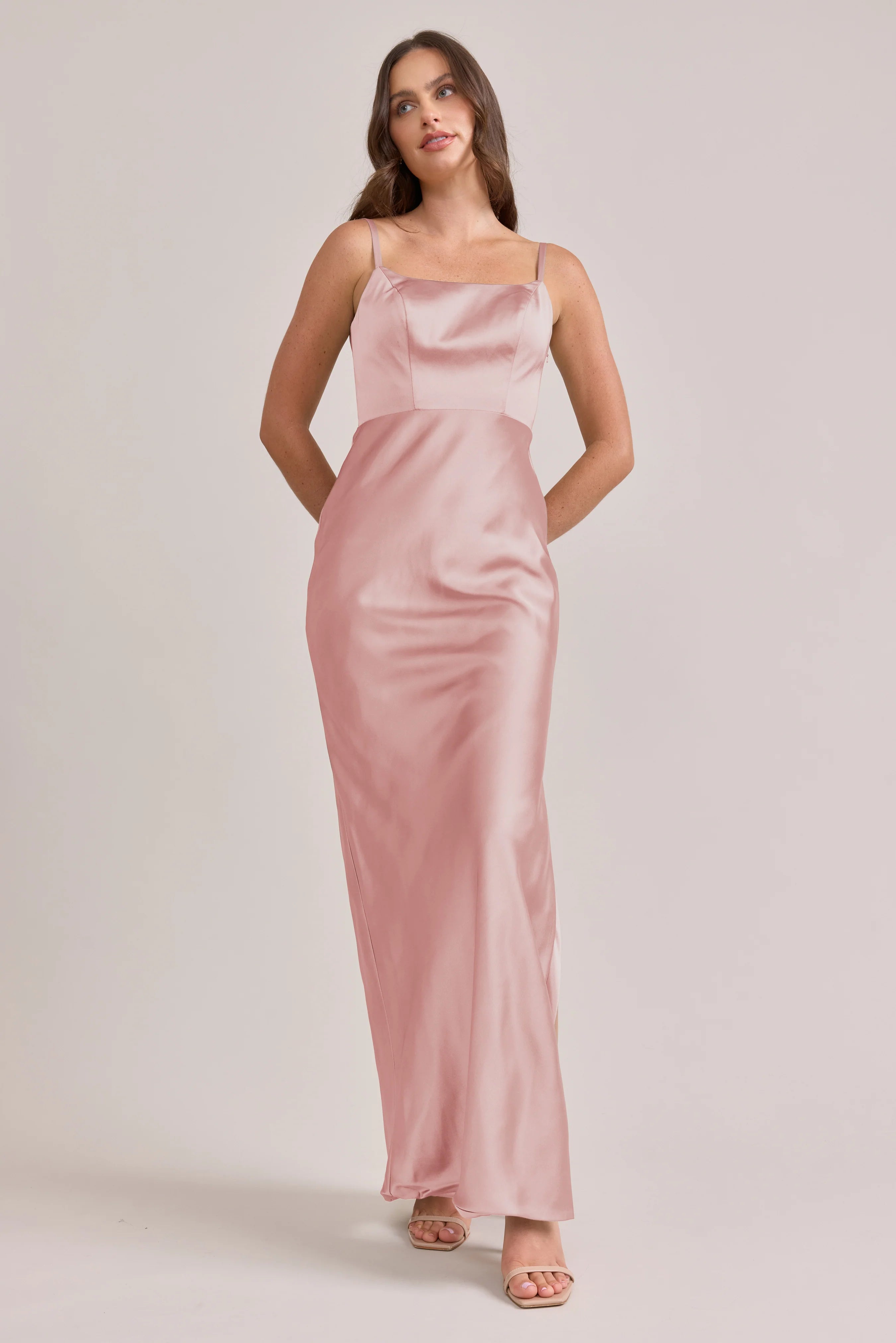Blush Pink Square Neck Spaghetti Strap Satin Bridesmaid Dresses with Open Back and High Slit