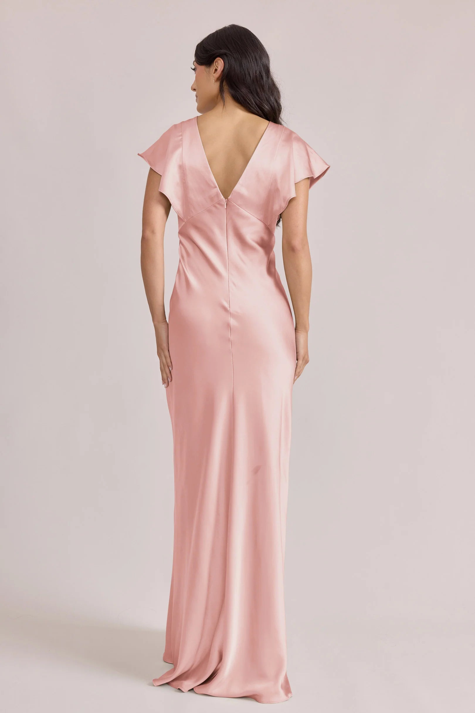 Blush Pink V-neck Ruffled Cap Sleeve Satin Bridesmaid Dresses with Open Back