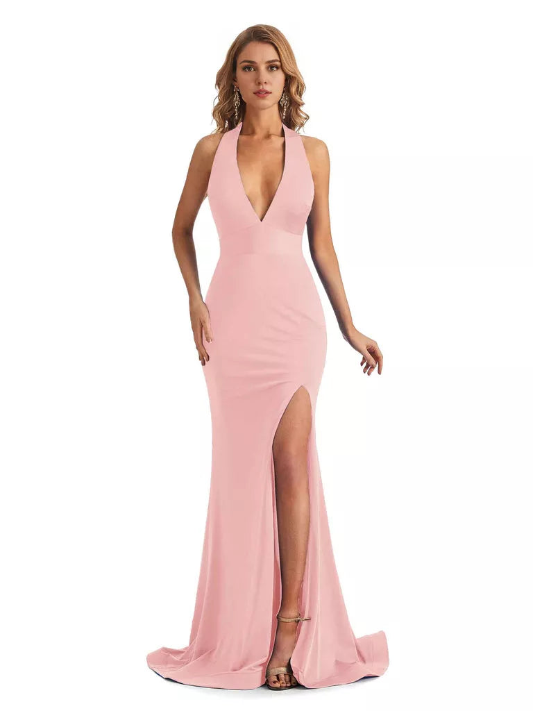Sexy Mermaid Halter V-neck halter Side Slit  Jersey Long Formal Bridesmaid Dresses