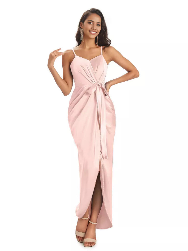 High Low Spaghetti Straps V-neck Mermaid Asymmetrical Soft Satin Bridesmaid Dresses