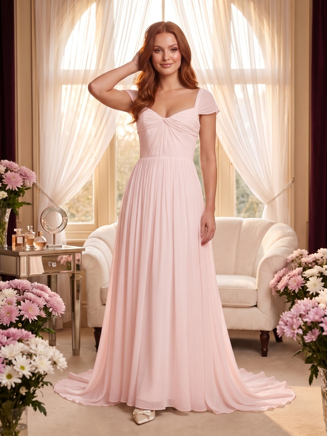 Blushing Pink Chiffon A-Line Square Neck Backless Floor-Length Prom Dress