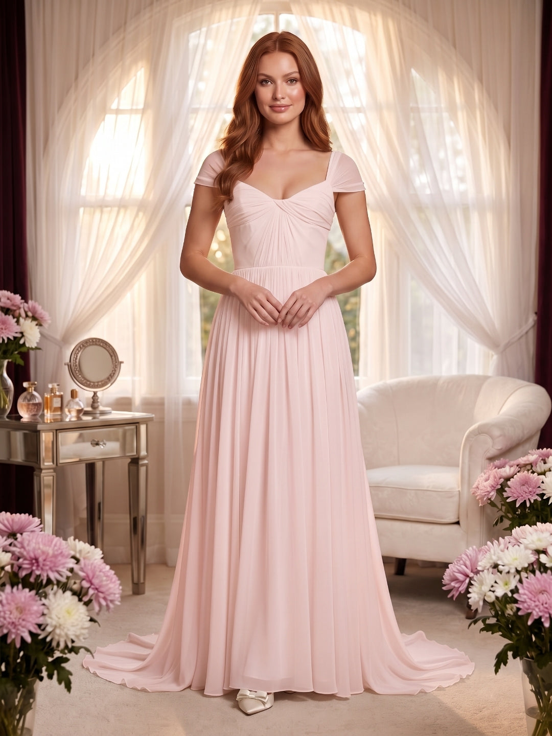 Blushing Pink Chiffon A-Line Square Neck Backless Floor-Length Prom Dress
