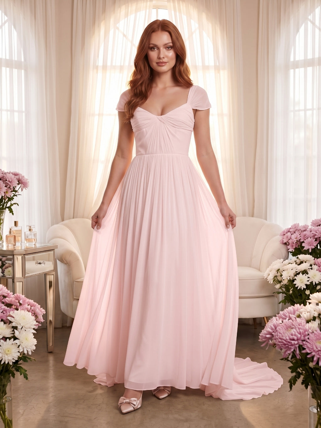 Blushing Pink Chiffon A-Line Square Neck Backless Floor-Length Prom Dress