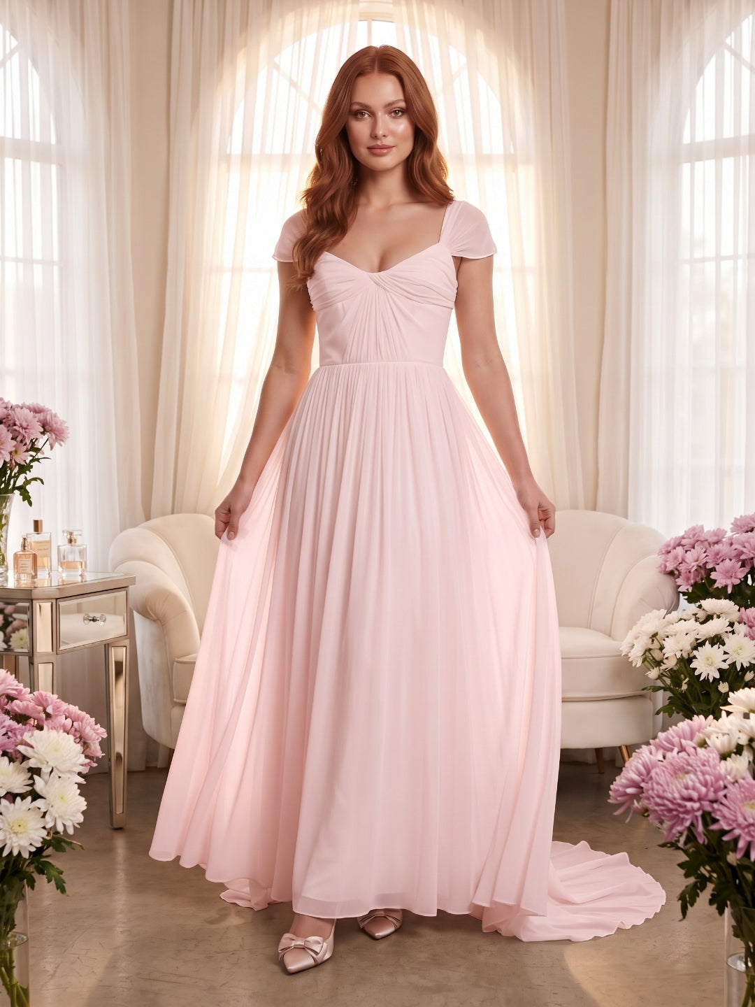 Blushing Pink Chiffon A-Line Square Neck Backless Floor-Length Prom Dress