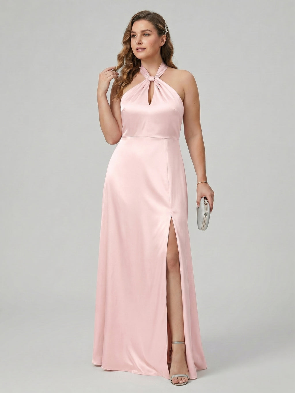 Elegant Blushing Pink Satin A-Line Halter neckline Backless Ankle-Length Plus Size Bridesmaid Dress