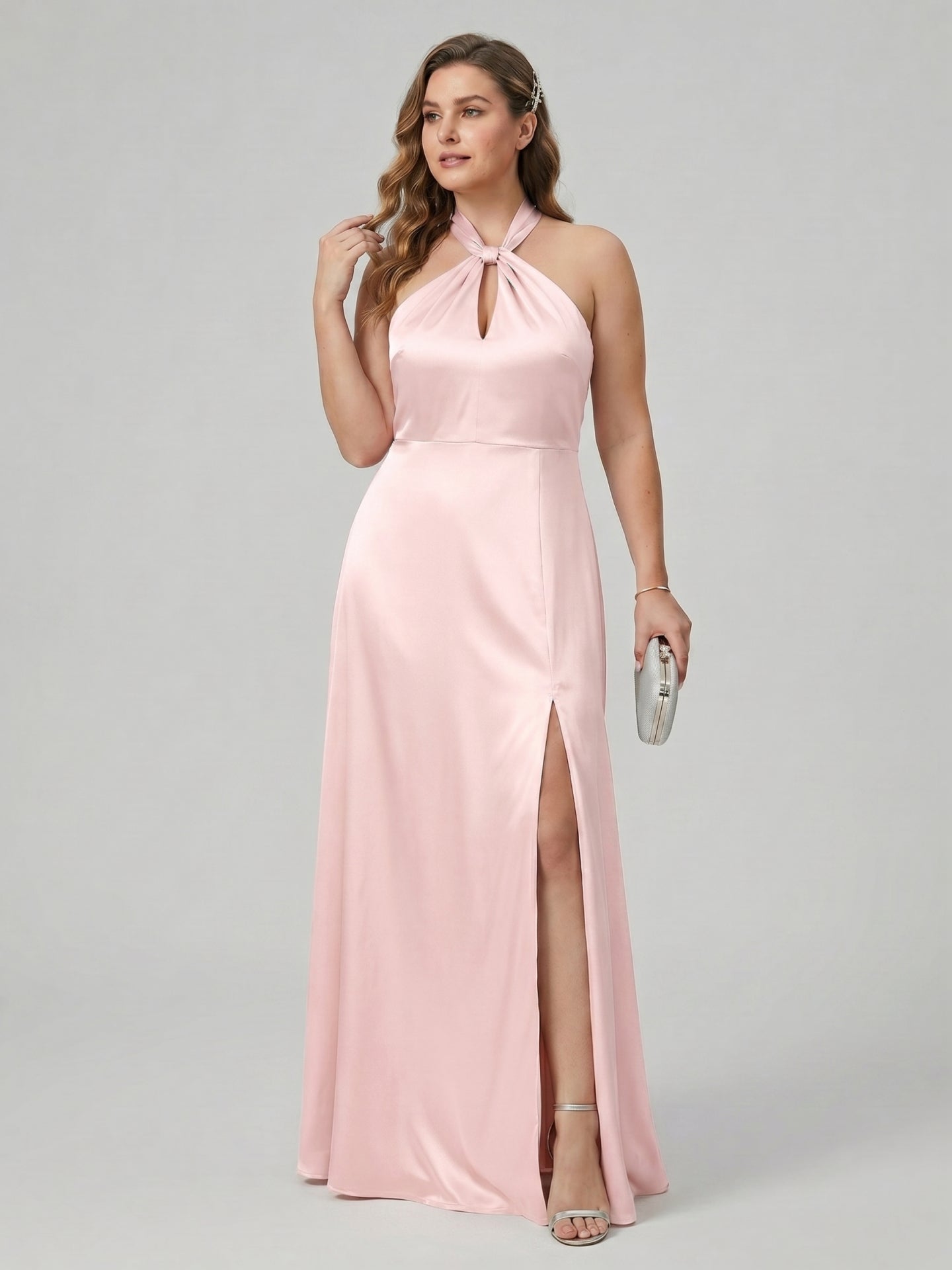 Elegant Blushing Pink Satin A-Line Halter neckline Backless Ankle-Length Plus Size Bridesmaid Dress