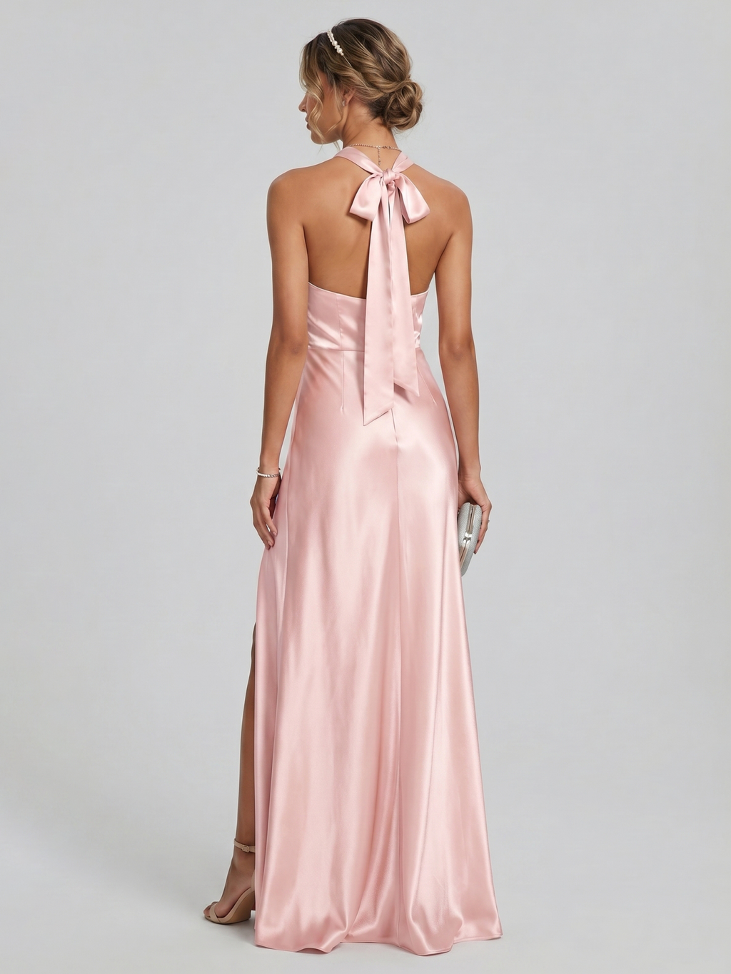 Elegant Blushing Pink Satin A-Line Halter neckline Backless Ankle-Length Plus Size Bridesmaid Dress