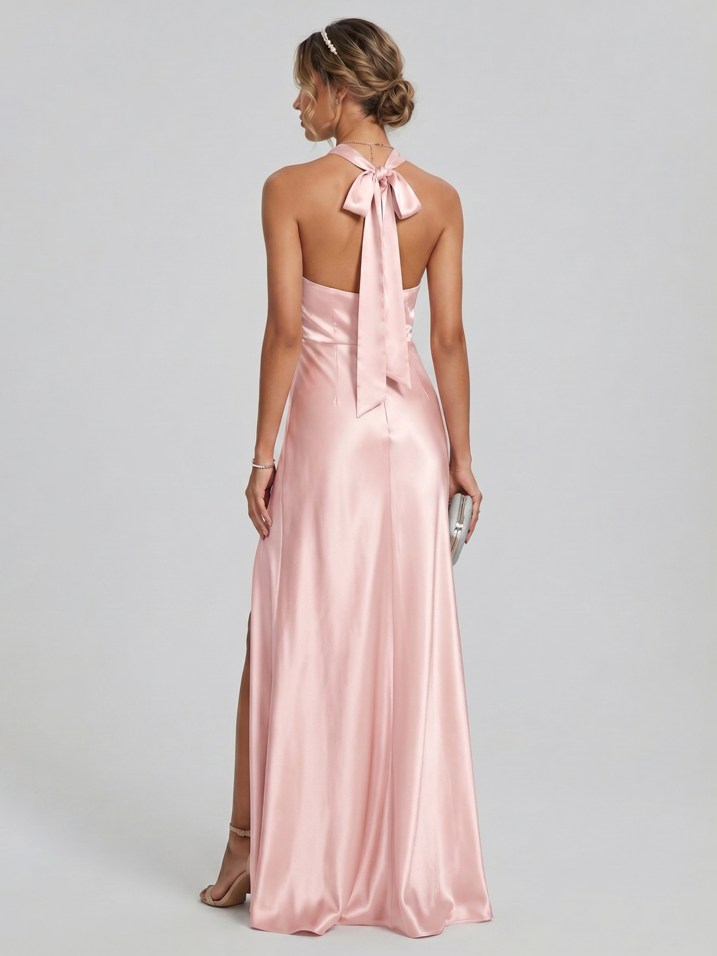 Elegant Blushing Pink Satin A-Line Halter neckline Backless Ankle-Length Plus Size Bridesmaid Dress