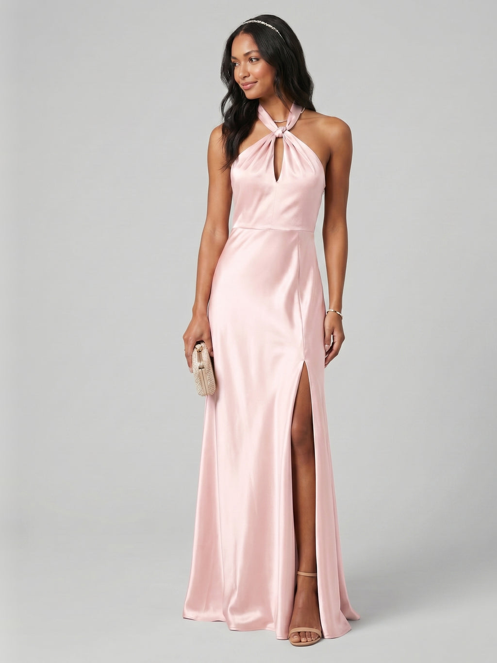 Elegant Blushing Pink Satin A-Line Halter neckline Backless Ankle-Length Plus Size Bridesmaid Dress