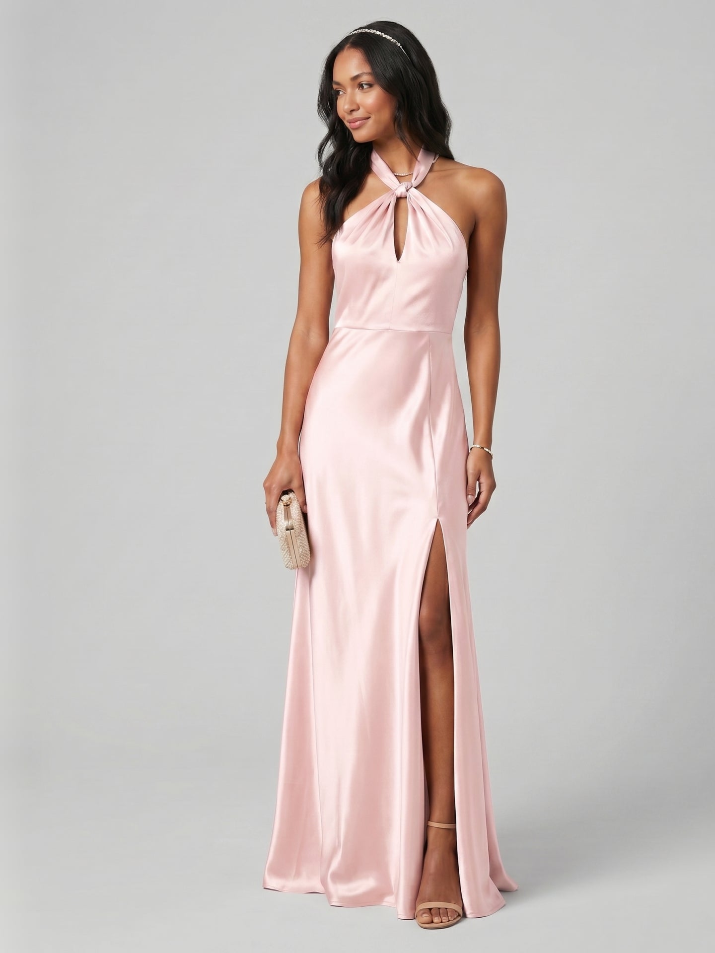 Elegant Blushing Pink Satin A-Line Halter neckline Backless Ankle-Length Plus Size Bridesmaid Dress