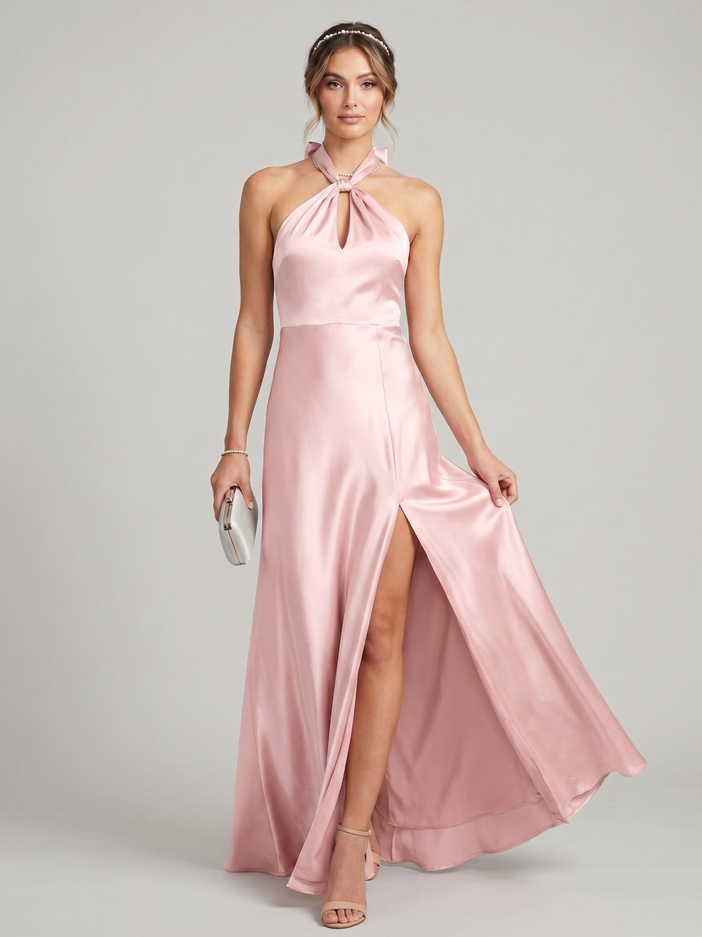 Elegant Blushing Pink Satin A-Line Halter neckline Backless Ankle-Length Plus Size Bridesmaid Dress