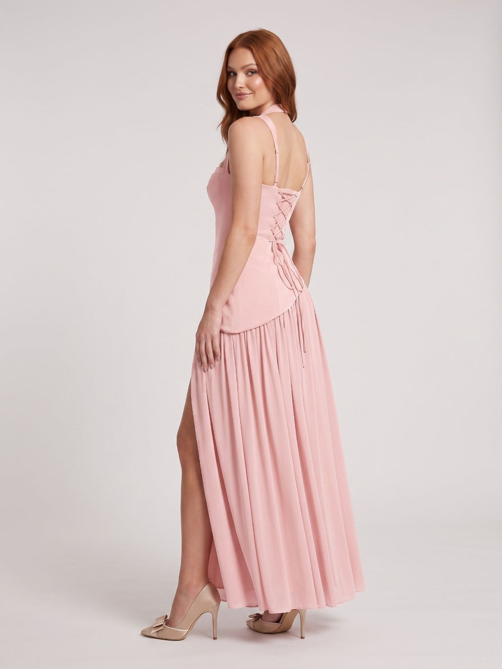 Blushing Pink Chiffon A-Line Square Neck Lace-up Floor-Length Dress