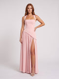 Blushing Pink Chiffon A-Line Square Neck Lace-up Floor-Length Dress