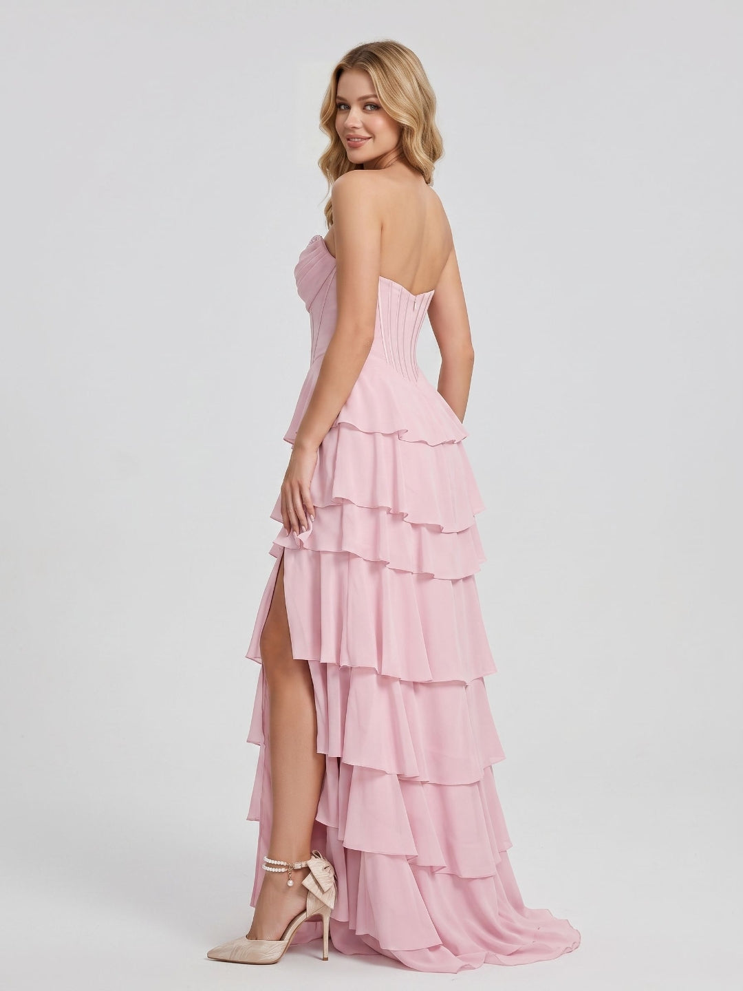 Blushing Pink Chiffon A-Line Sweetheart Back Zip Floor-Length Dress