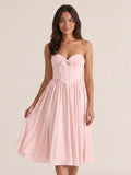 Blushing Pink Chiffon A-Line Sweetheart Back Zip Midi Dress with Pleating