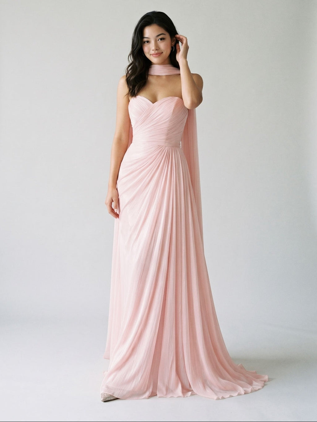 Blushing Pink Chiffon A-Line Sweetheart Floor-Length Evening Dress with Pleating