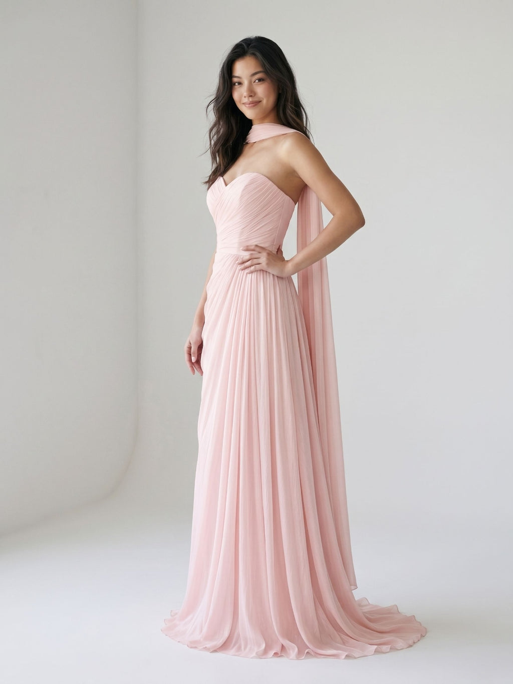 Blushing Pink Chiffon A-Line Sweetheart Floor-Length Evening Dress with Pleating