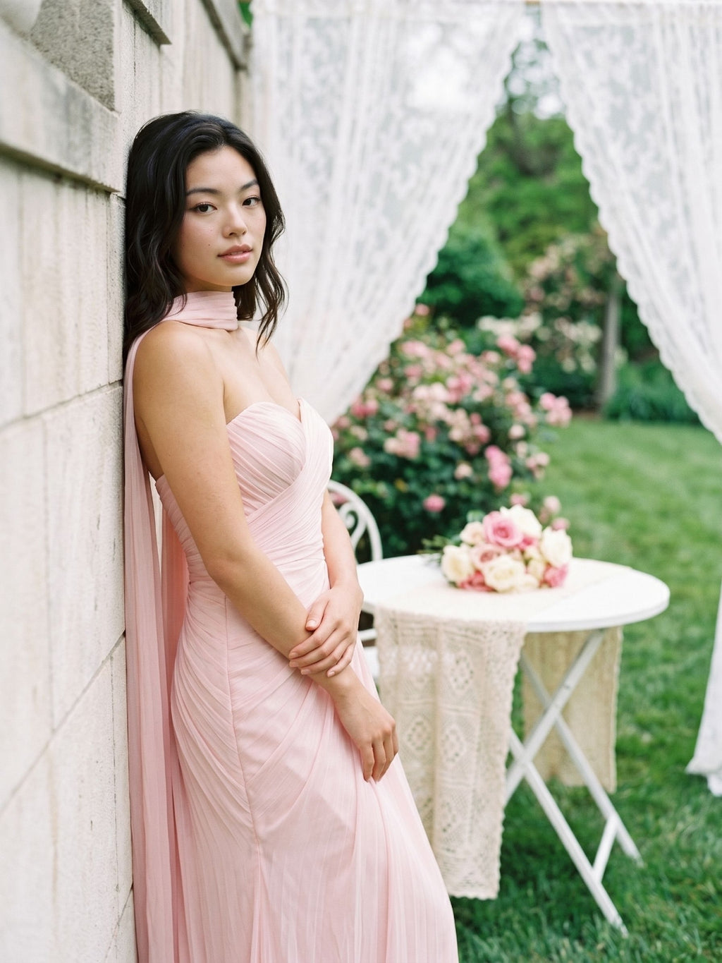 Blushing Pink Chiffon A-Line Sweetheart Floor-Length Evening Dress with Pleating