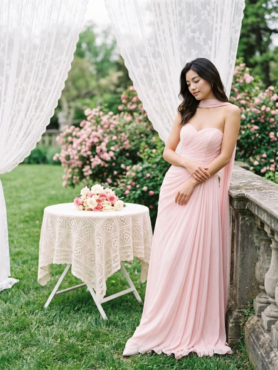 Blushing Pink Chiffon A-Line Sweetheart Floor-Length Evening Dress with Pleating
