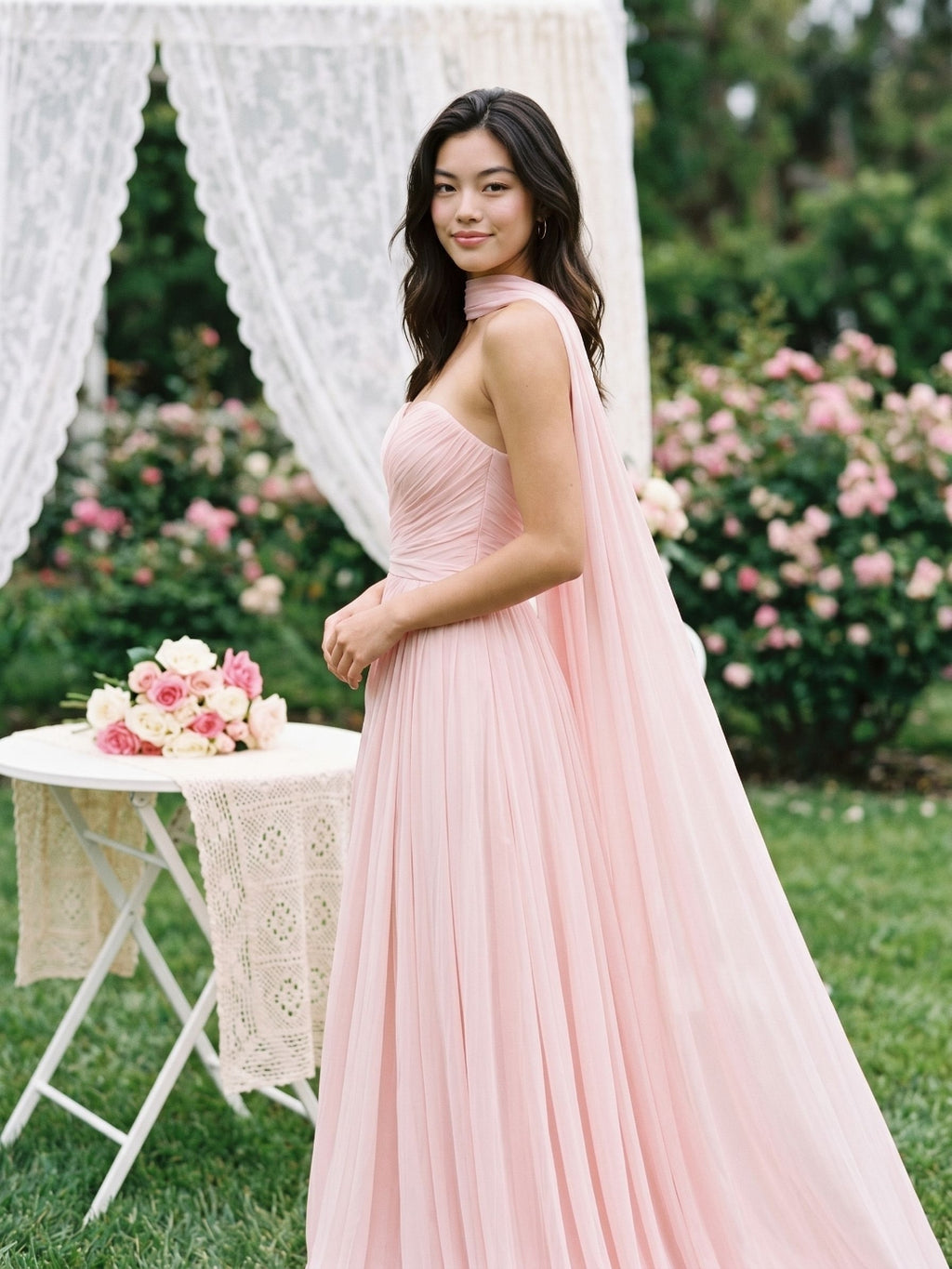 Blushing Pink Chiffon A-Line Sweetheart Floor-Length Evening Dress with Pleating