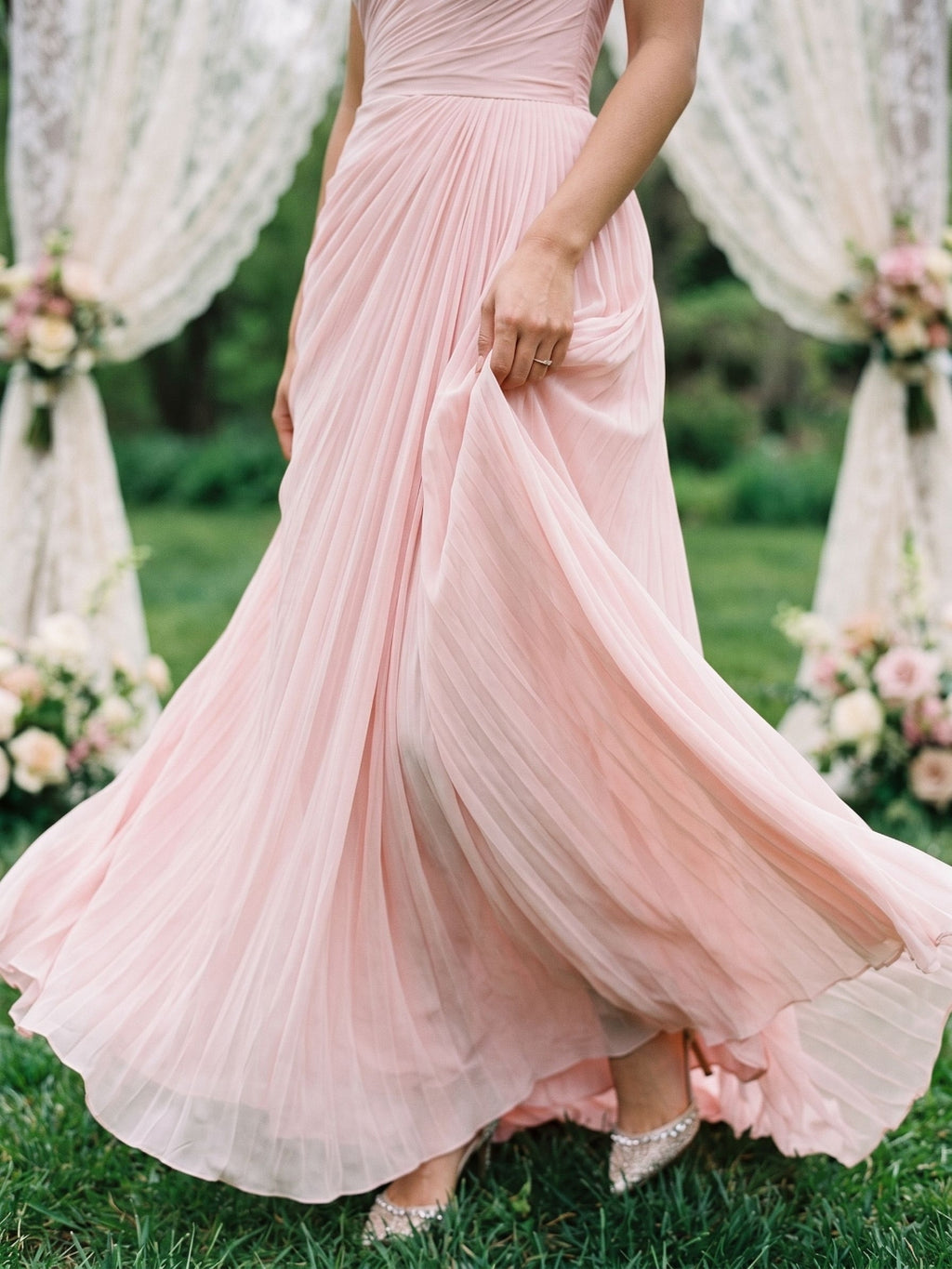 Blushing Pink Chiffon A-Line Sweetheart Floor-Length Evening Dress with Pleating