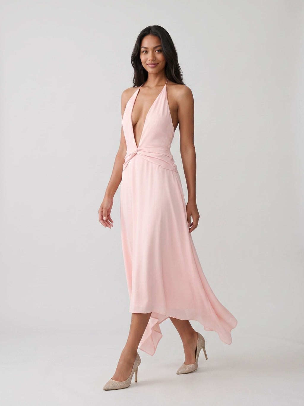 Blushing Pink Chiffon A-Line V-Neck Backless Asymmetrical Dress