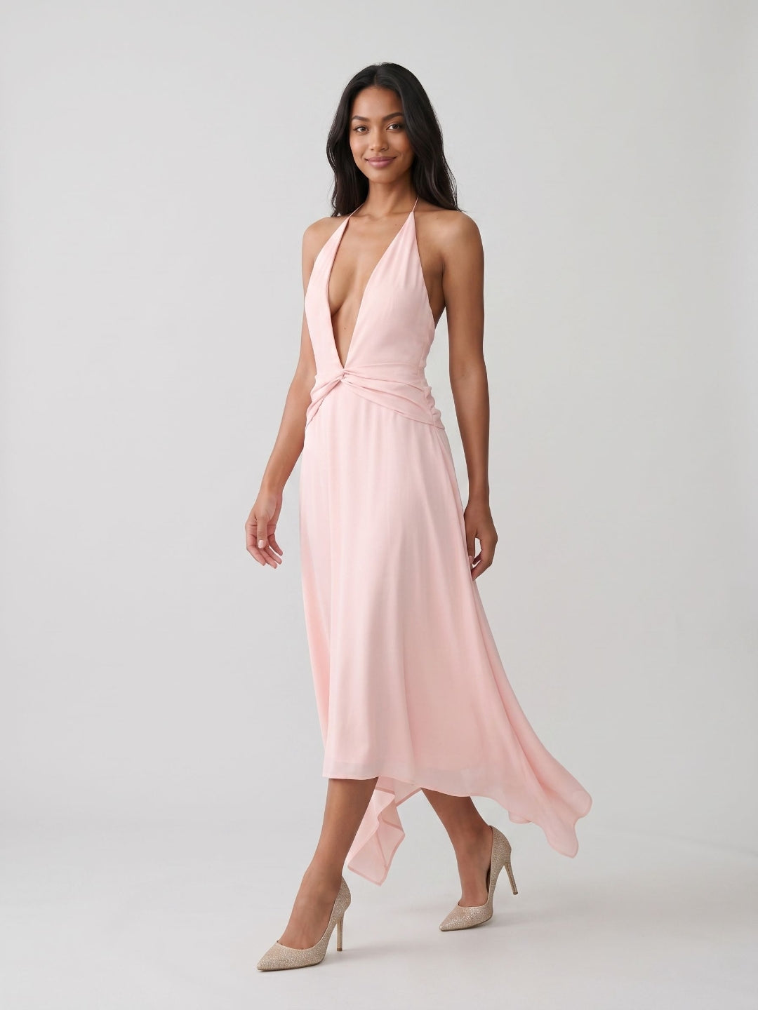 Blushing Pink Chiffon A-Line V-Neck Backless Asymmetrical Dress