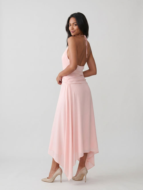 Blushing Pink Chiffon A-Line V-Neck Backless Asymmetrical Dress