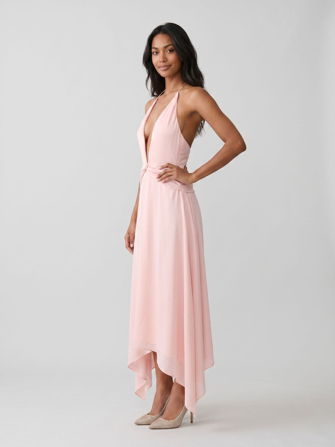 Blushing Pink Chiffon A-Line V-Neck Backless Asymmetrical Dress