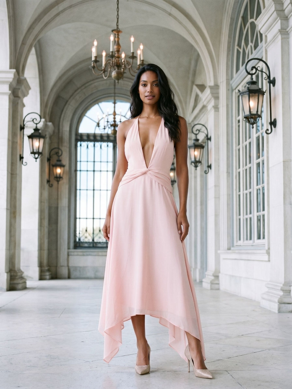 Blushing Pink Chiffon A-Line V-Neck Backless Asymmetrical Dress