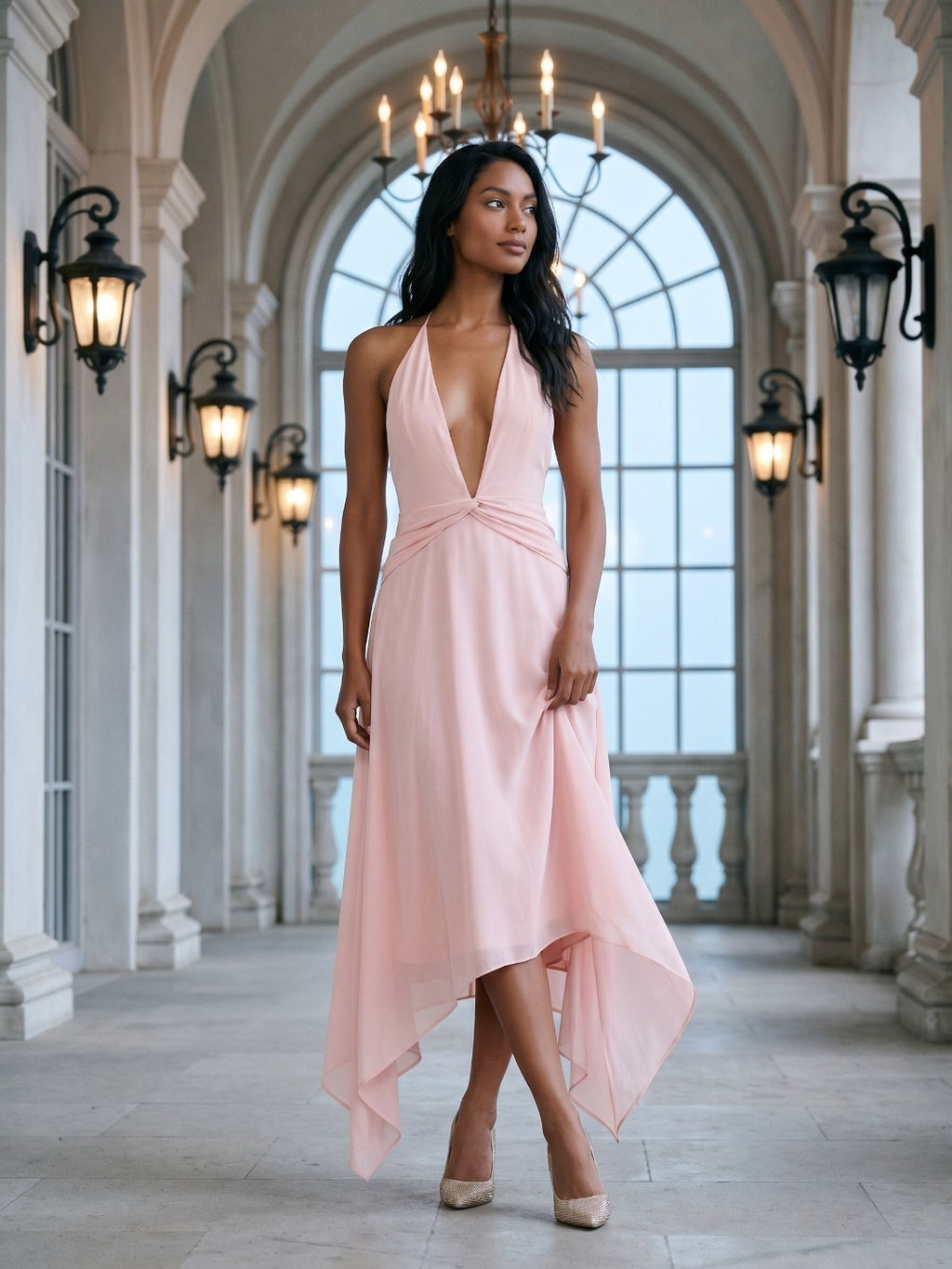 Blushing Pink Chiffon A-Line V-Neck Backless Asymmetrical Dress