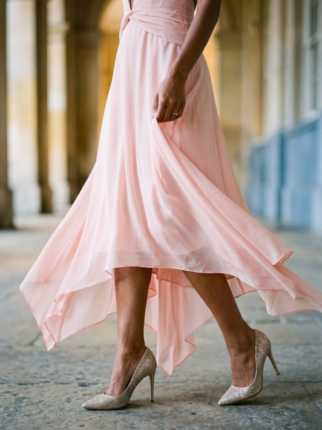 Blushing Pink Chiffon A-Line V-Neck Backless Asymmetrical Dress