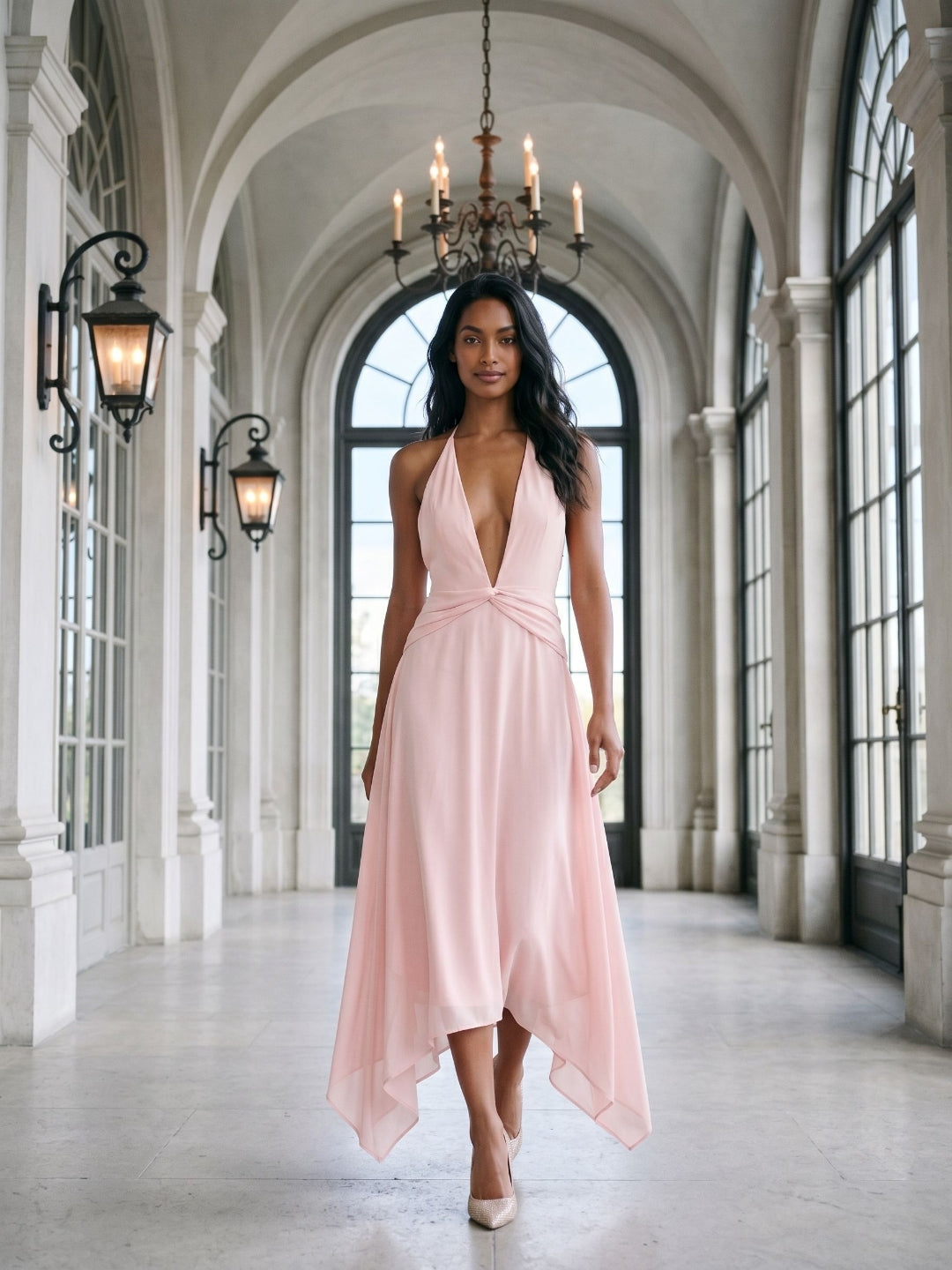 Blushing Pink Chiffon A-Line V-Neck Backless Asymmetrical Dress