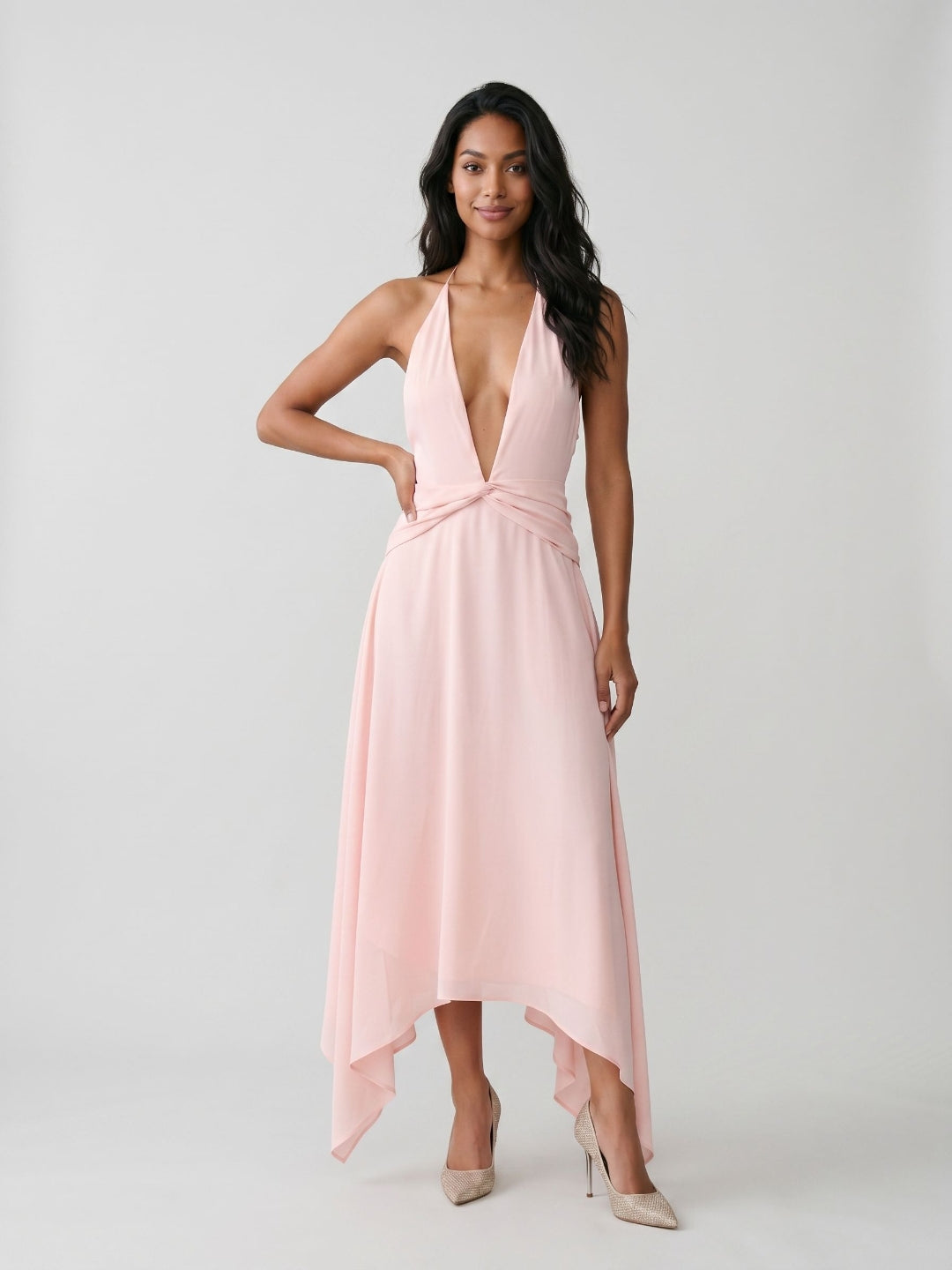 Blushing Pink Chiffon A-Line V-Neck Backless Asymmetrical Dress